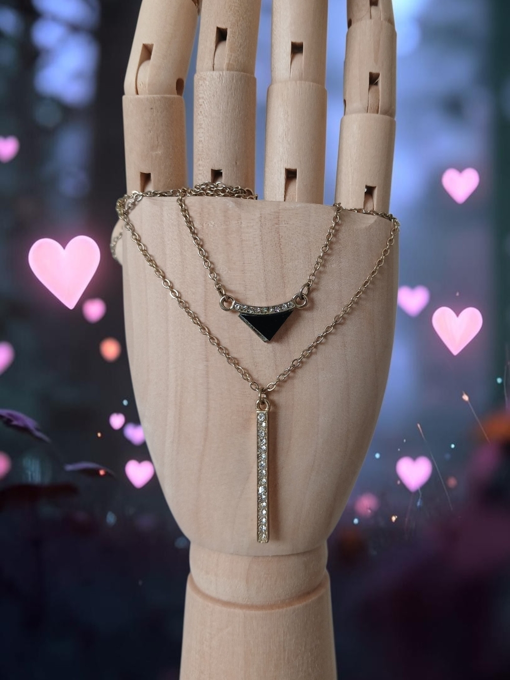 🎁 Free W/$60 Purchase Gold Tone Double Layer Necklace Black and Clear Accents